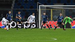 Real Madrid's French defender Ferland Mendy (L) scored the only goal against Atalanta in Bergamo.