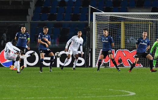 Real Madrid's French defender Ferland Mendy (L) scored the only goal against Atalanta in Bergamo.