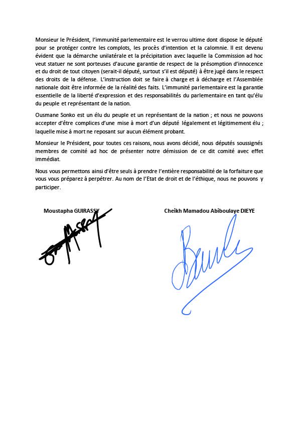 lettre de demission de bamba dieye et guirassy