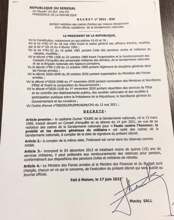 Le Capitaine Oumar Touré radié pour « faute lourde »