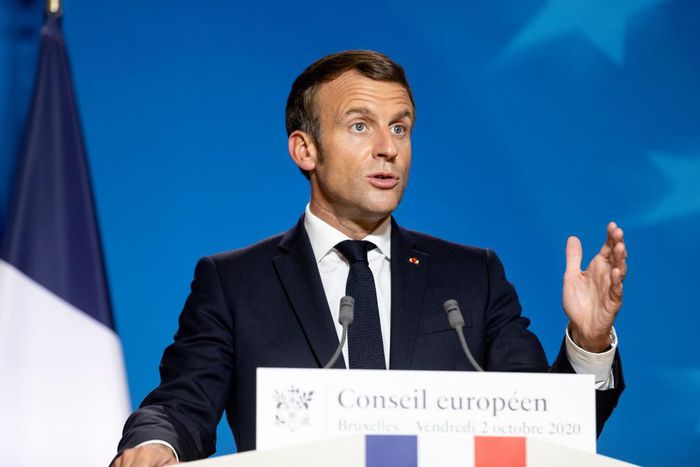 French President Emmanuel Macron speaks in Brussels on October 2, 2020.