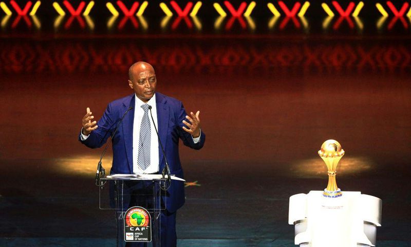 CAF president Patrice Motsepe speaks during the Africa Cup of Nations draw ceremony in Yaounde, Cameroon, on Tuesday