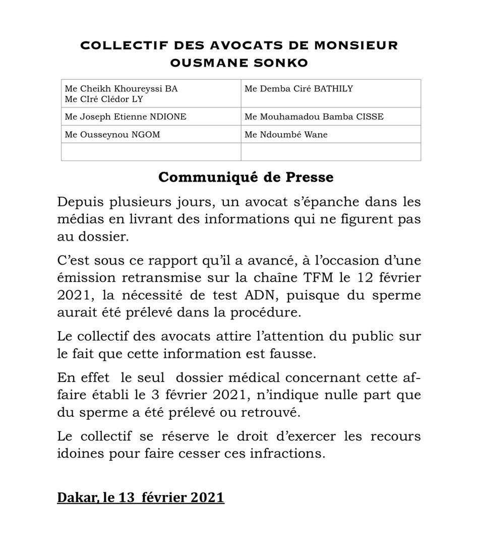 communiqué des avocats de Sonko