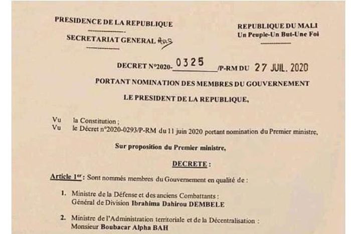 Mali : le Président Ibk nomme un gouvernement exceptionnel de 6 membres