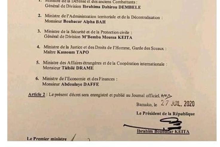 Mali : le Président Ibk nomme un gouvernement exceptionnel de 6 membres