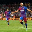 At the double: Barcelona's Danish forward Martin Braithwaite celebrates after scoring his second goal