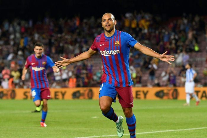 At the double: Barcelona's Danish forward Martin Braithwaite celebrates after scoring his second goal