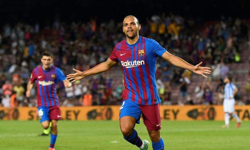 At the double: Barcelona's Danish forward Martin Braithwaite celebrates after scoring his second goal
