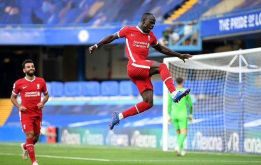Liverpool's Sadio Mane celebrates after scoring their second goal against Chelsea