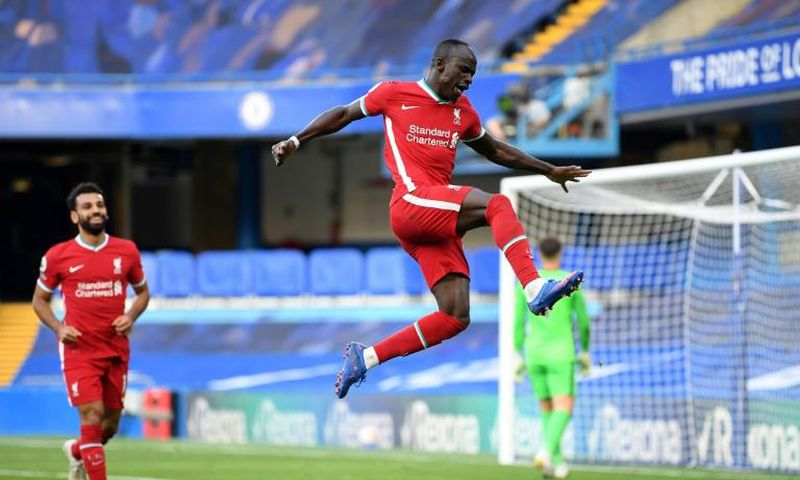 Liverpool's Sadio Mane celebrates after scoring their second goal against Chelsea