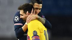 Argentinian midfielder Angel Di Maria consoles Lionel Messi after Paris Saint-Germain knocked Barcelona out of the Champions League on Wednesday.