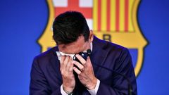 A emotional Messi struggles to compose himself before addressing reporters on his departure from Barcelona after 17 years playing for his only club