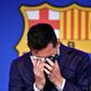 A emotional Messi struggles to compose himself before addressing reporters on his departure from Barcelona after 17 years playing for his only club