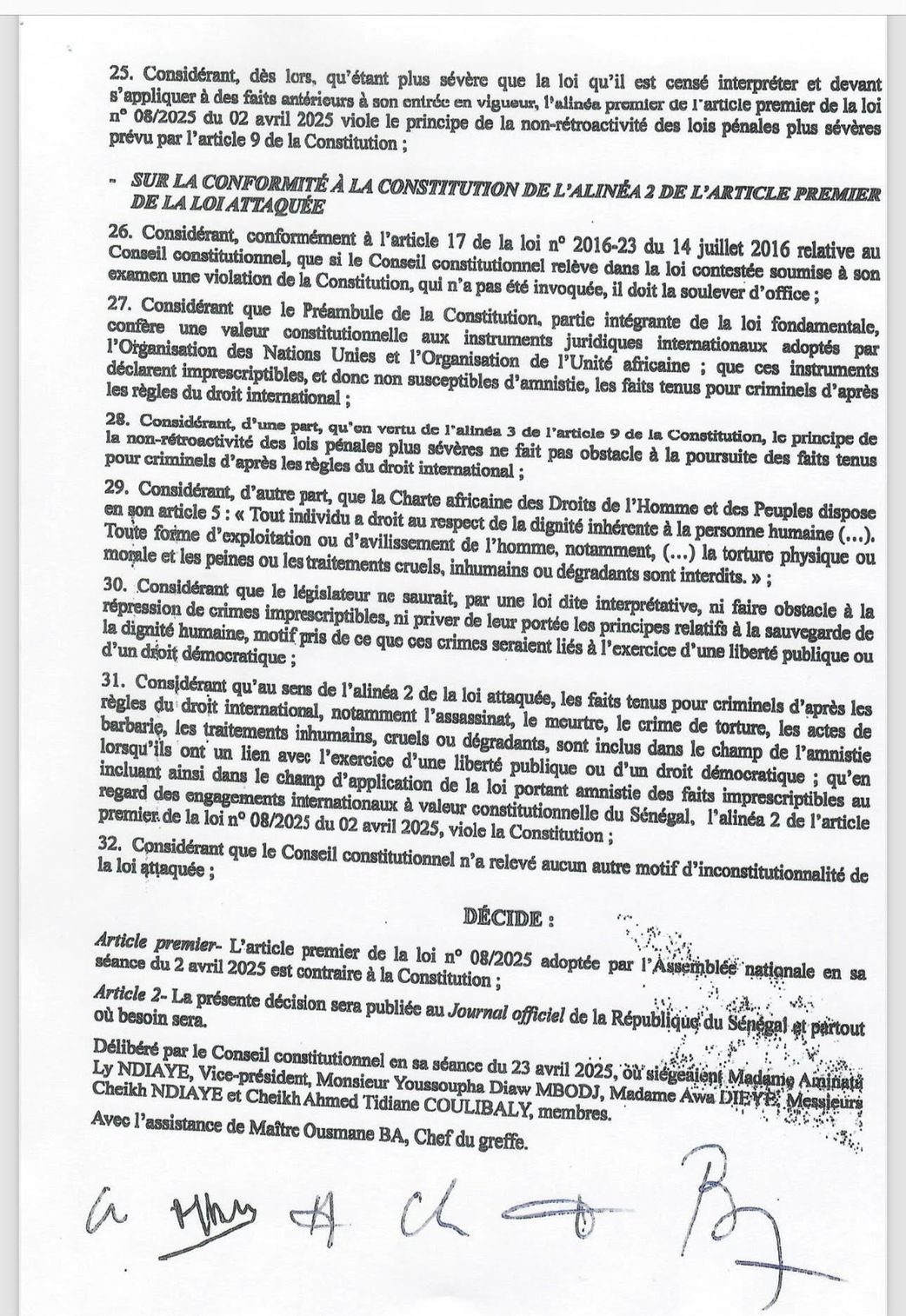 L'interprétation de la loi portant amnistie rejetée par le Conseil constitutionnel