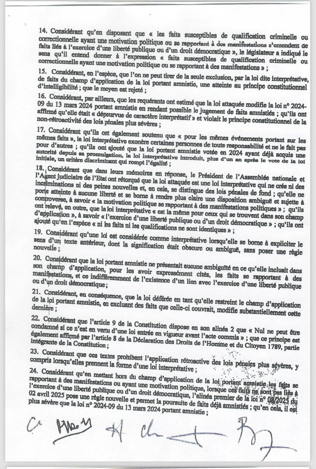 L'interprétation de la loi portant amnistie rejetée par le Conseil constitutionnel