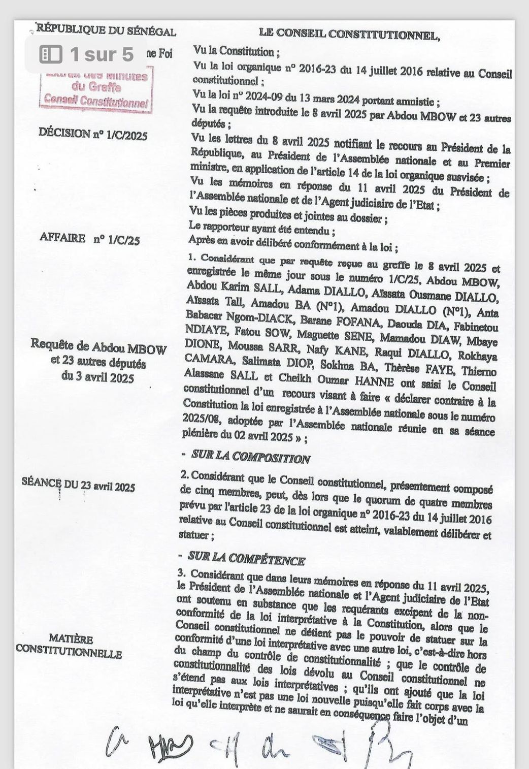 L'interprétation de la loi portant amnistie rejetée par le Conseil constitutionnel