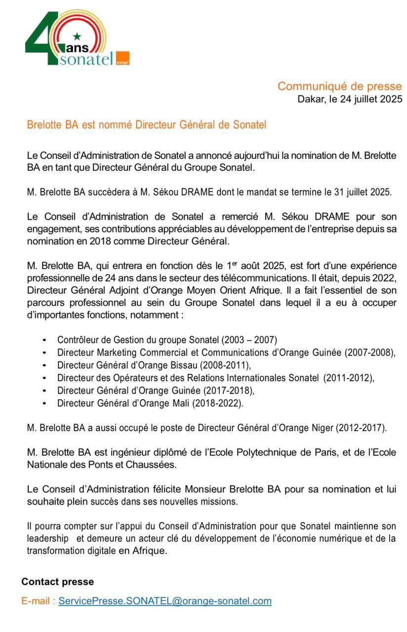 Brelotte Ba est le nouveau directeur général de la SONATEL