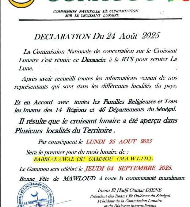 Le Gamou célébré le jeudi 4 septembre 2025