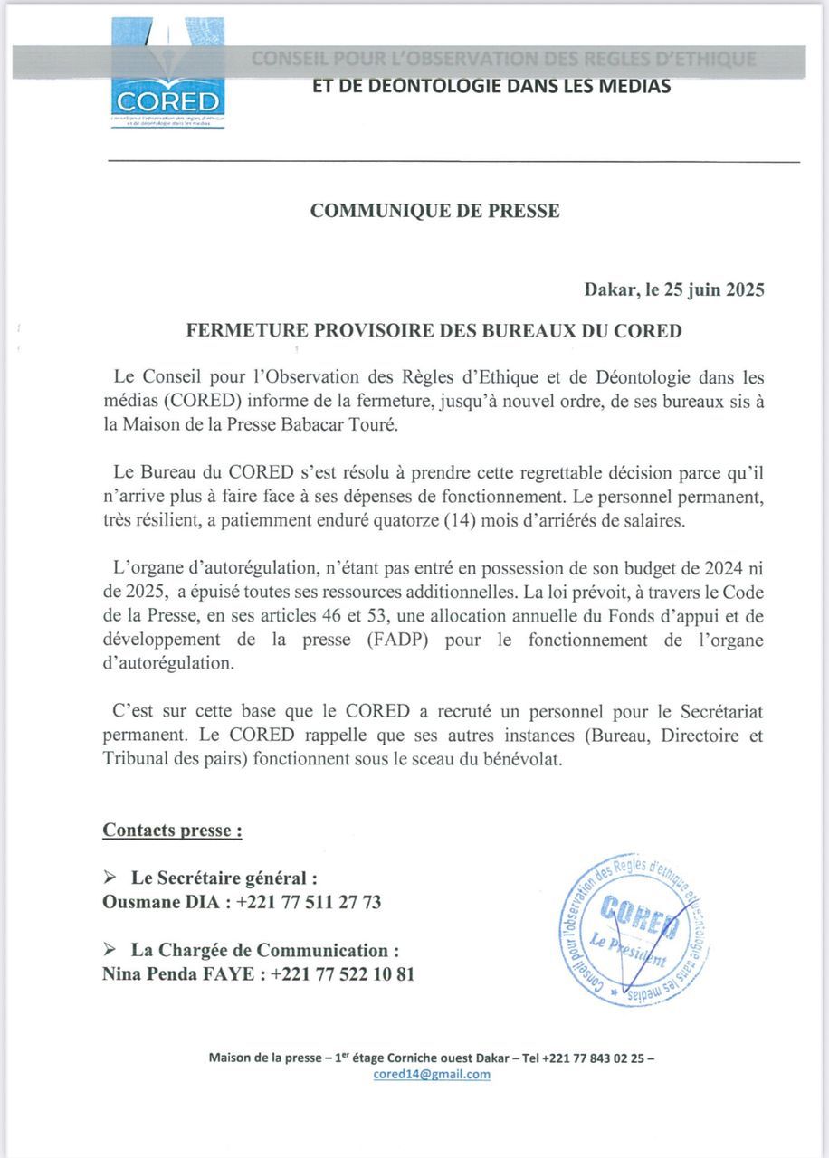Difficultés financières : le CORED ferme ses bureaux à la Maison de la presse