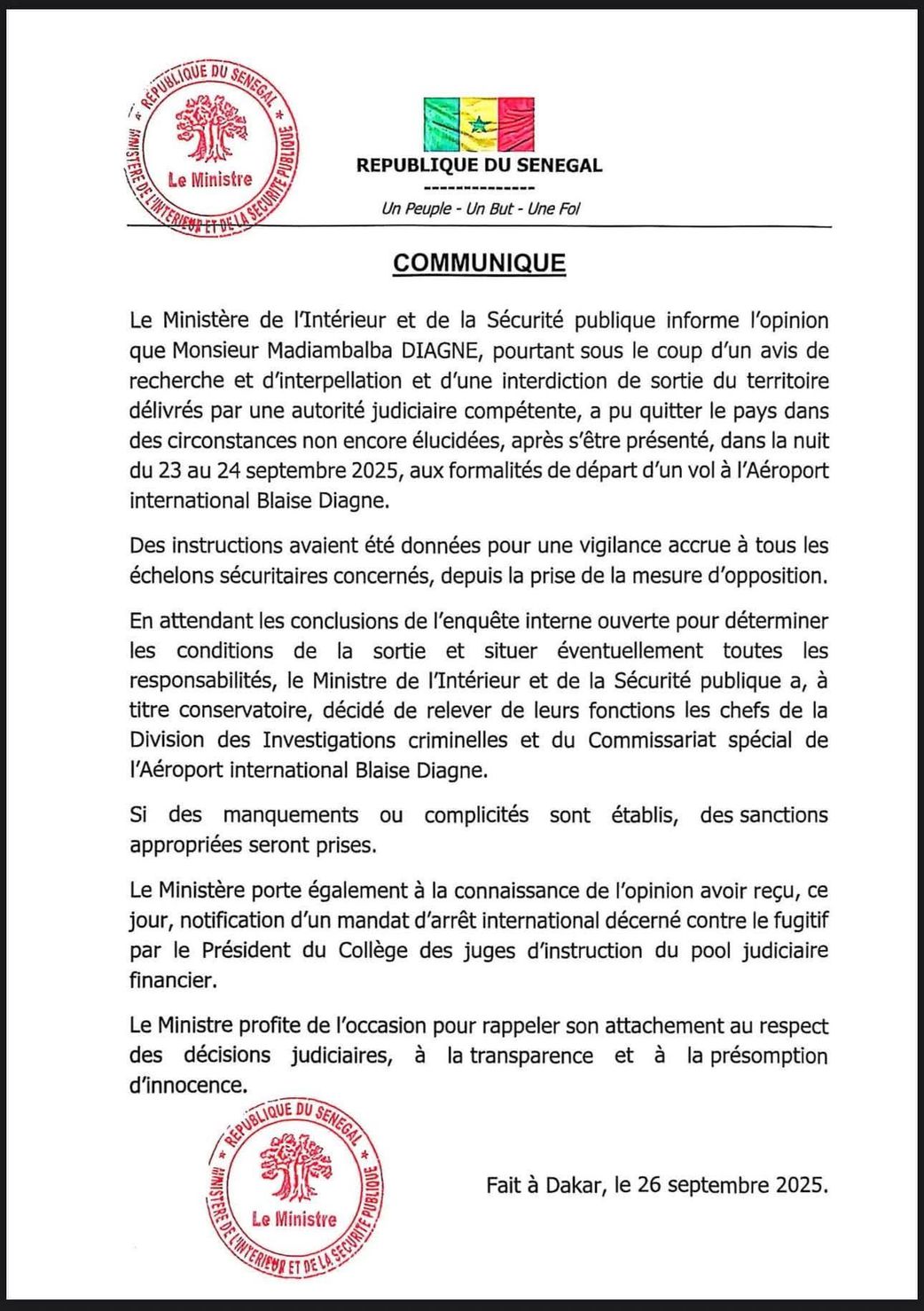 Affaire Madiambal : Les patrons de la DIC et du Commissariat de l’aéroport relevés de leurs fonctions