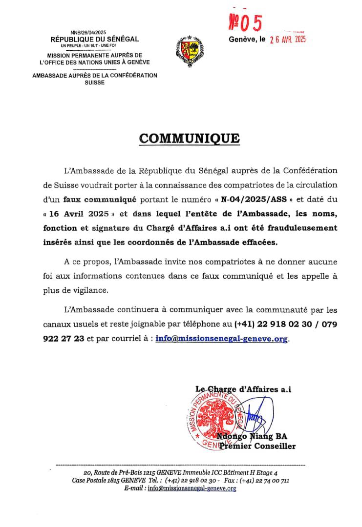 Sénégal : l’ambassade de Suisse alerte sur la circulation d’un faux document