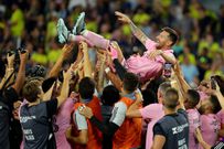 Lionel Messi of Inter Miami is hoisted in the air by his teammates after winning the Leagues Cup 2023 final match against Nashville SC on August 19.