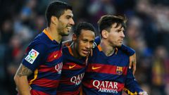 De droite à gauche : Lionel Messi, Neymar et Luis Suarez