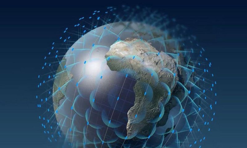 An illustration of OneWeb satellites covering Earth in high-speed internet service.