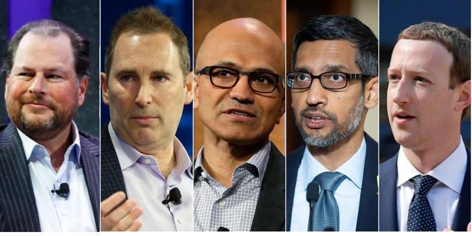 Les PDG des grandes entreprises technologiques Marc Benioff, Andy Jassy, Satya Nadella, Sundar Pichai et Mark Zuckerberg ont tous appelé à une pause dans la recherche sur l'IA. Kimberly White/Getty ; Justin Sullivan/Getty Images ; Mike Blake/Reuters ; Elaine Thompson/AP ; Mateusz Wlodarczyk/NurPhoto via Getty Images ; Francois Mori/AP