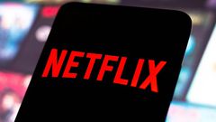 The Netflix logo is displayed on a smartphone screen.
