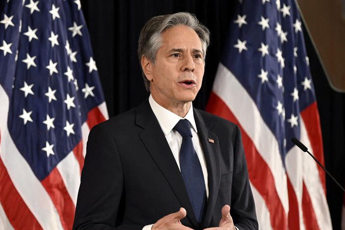 US Secretary of State Antony Blinken gives a speech at the Helsinki City Hall, in Helsinki, Finland.Lehtikuva/Reuters