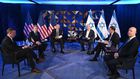 US President Joe Biden (3rd L), Prime Minister Benjamin Netanyahu (3rd R) and US Secretary of State Antony Blinken (2nd L) meet in Tel Aviv, Israel on October 18, 2023.Anadolu Agency/ Getty Images.