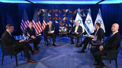 US President Joe Biden (3rd L), Prime Minister Benjamin Netanyahu (3rd R) and US Secretary of State Antony Blinken (2nd L) meet in Tel Aviv, Israel on October 18, 2023.Anadolu Agency/ Getty Images.