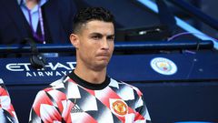 Cristiano Ronaldo of Manchester United looks on from the substitutes bench on October 2, 2022.