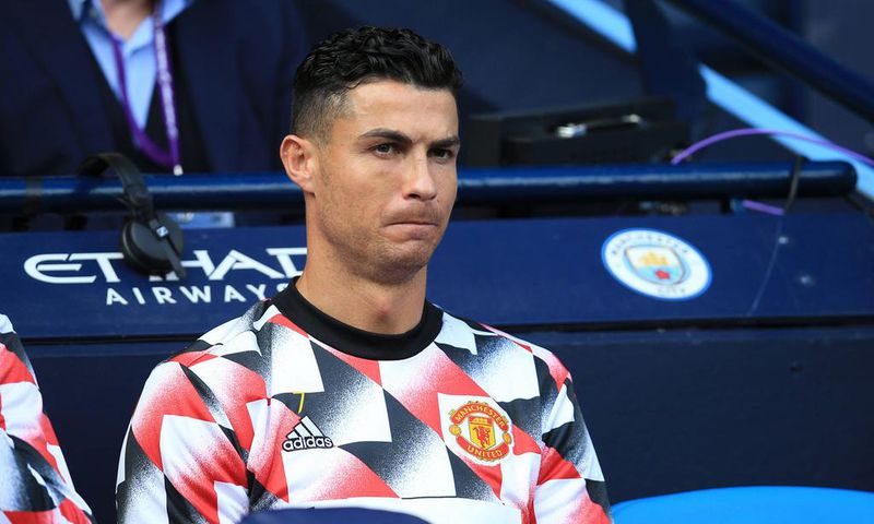Cristiano Ronaldo of Manchester United looks on from the substitutes bench on October 2, 2022.