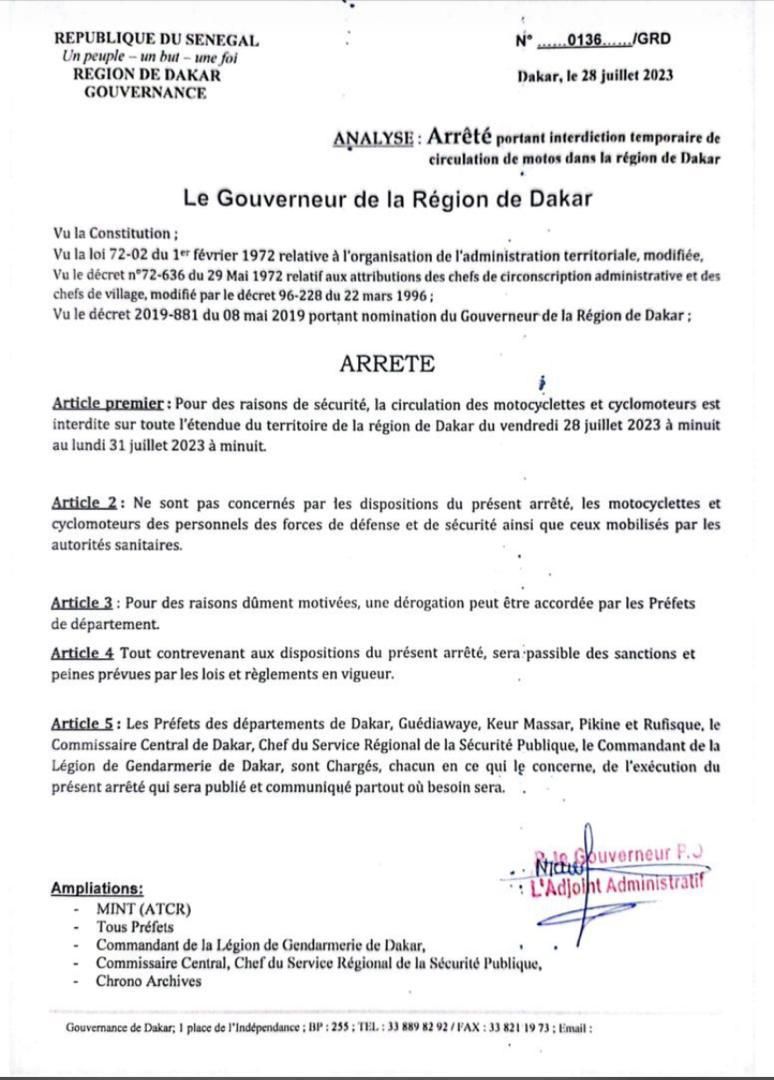 Arrête interdisant la circulation des motos