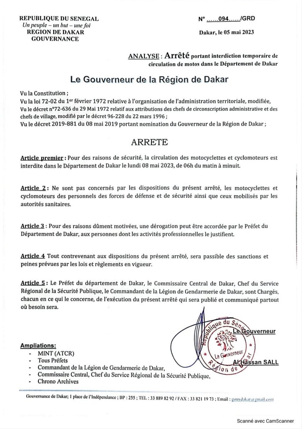 Arrêté gouverneur