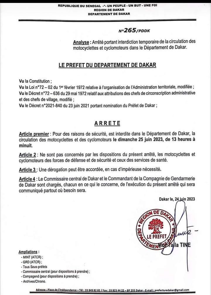 Arrêté Gouverneur interdisant la circulation des motos