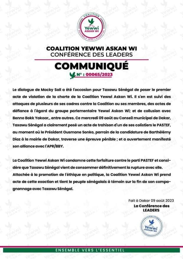 communiqué de Yewwi sur l'exclusion de Khalifa Sall