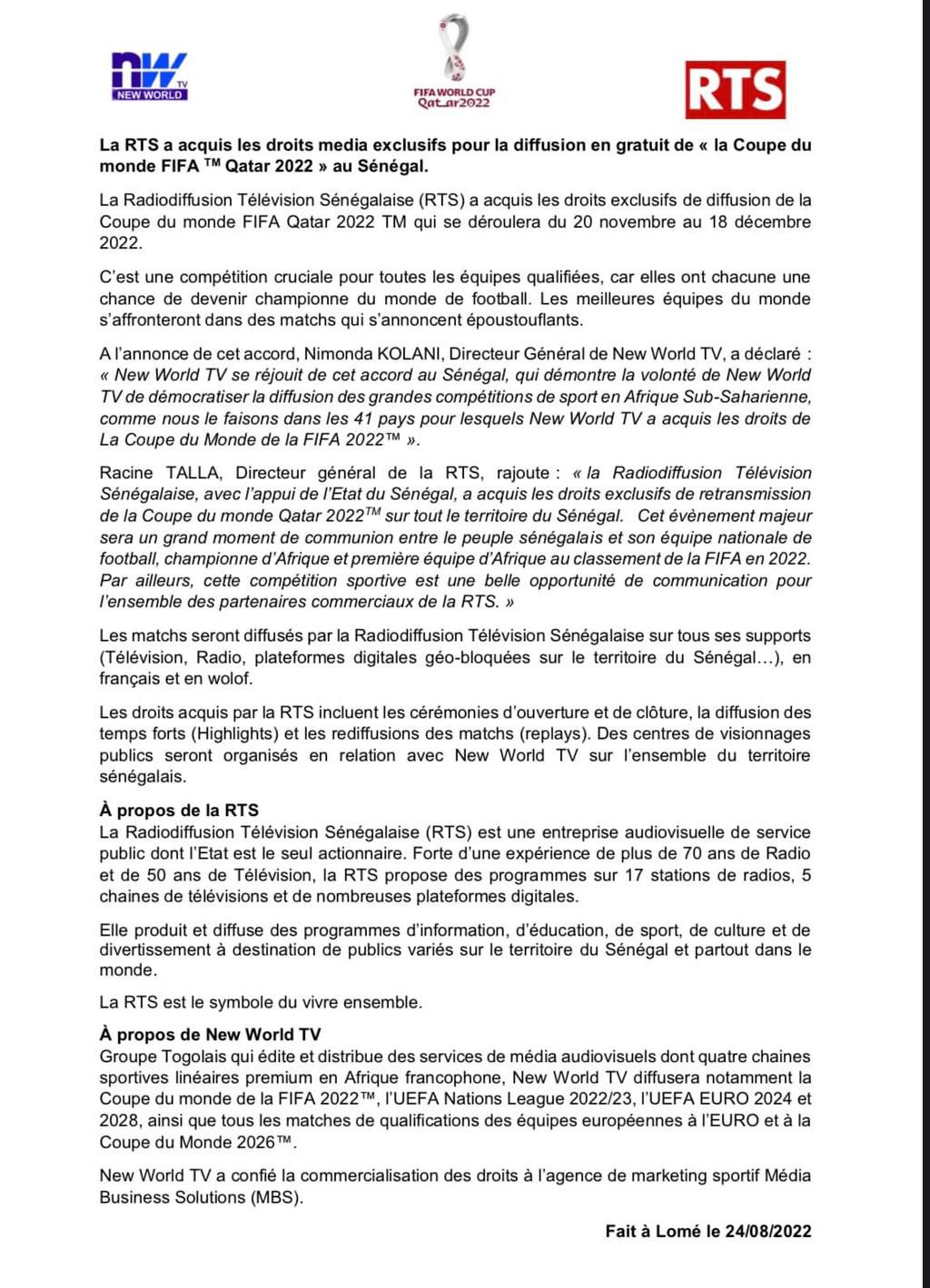 communiqué RTS sur le Mondial 2O22