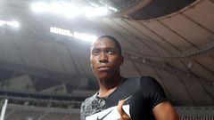 Caster Semenya celebrates after winning the women's 800 meters in Doha, Qatar in 2019.