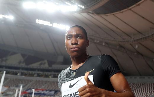 Caster Semenya celebrates after winning the women's 800 meters in Doha, Qatar in 2019.