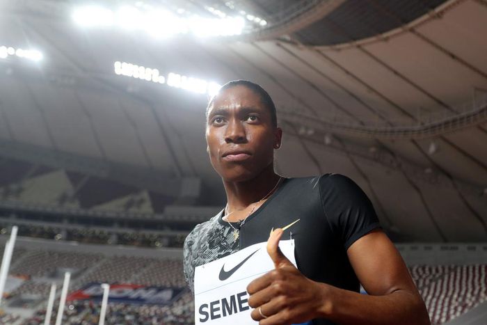 Caster Semenya celebrates after winning the women's 800 meters in Doha, Qatar in 2019.