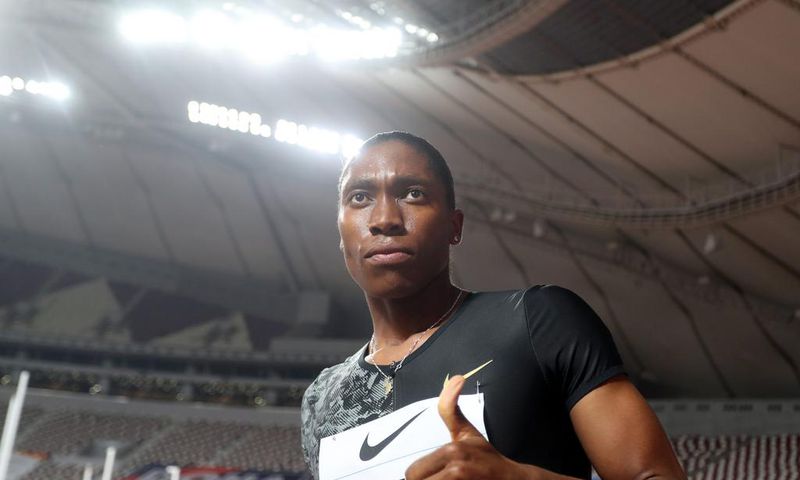 Caster Semenya celebrates after winning the women's 800 meters in Doha, Qatar in 2019.