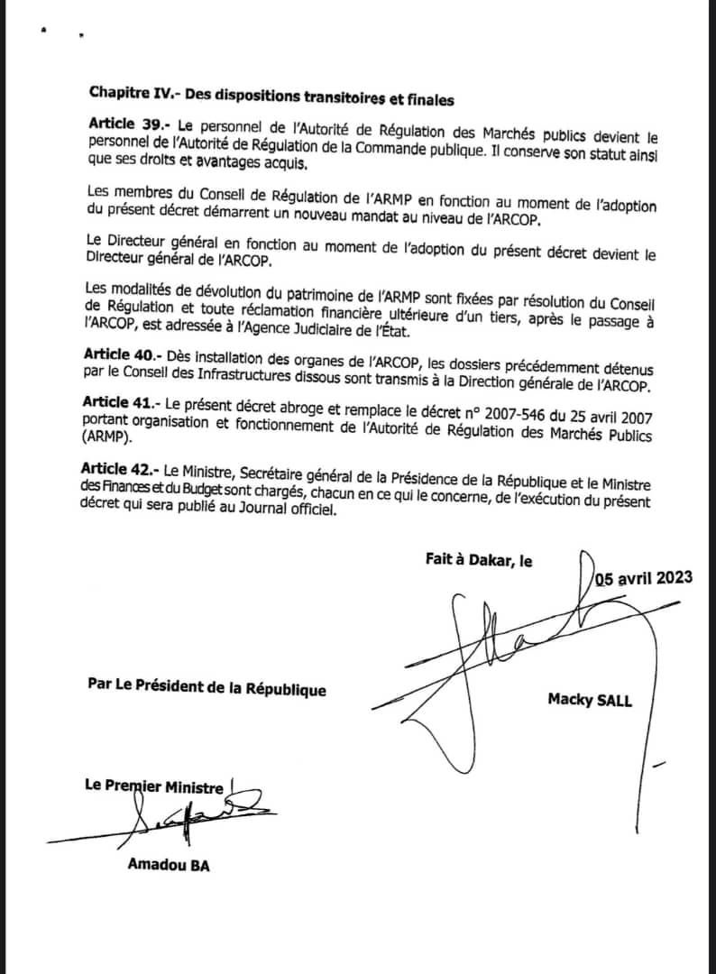 Décret supprimant l'ARMP  qui devient l'ARCOP