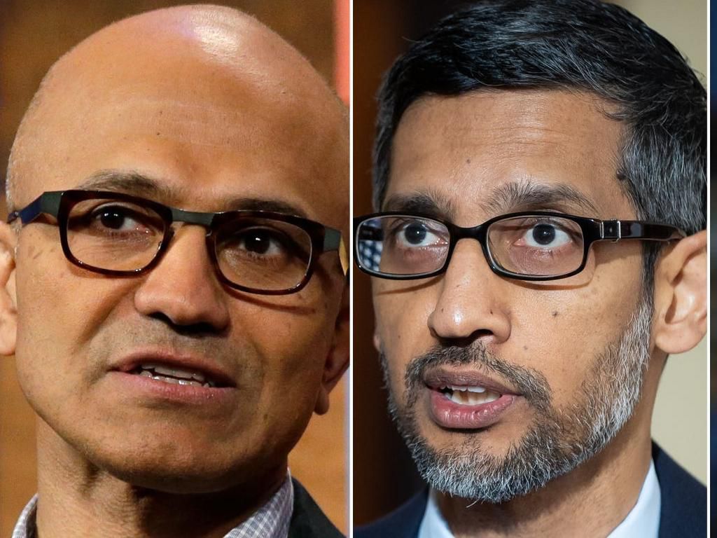 Satya Nadella (à gauche), PDG de Microsoft, et Sundar Pichai (à droite), PDG de Google. Justin Sullivan/Getty Images ; Mike Blake/Reuters ; Elaine Thompson/AP ; Mateusz Wlodarczyk/NurPhoto via Getty Images ; Francois Mori/AP