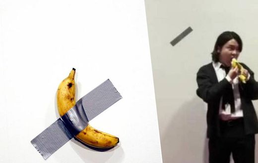 un étudiant mange une banane à 120000 dollars présentée comme une œuvre d'art