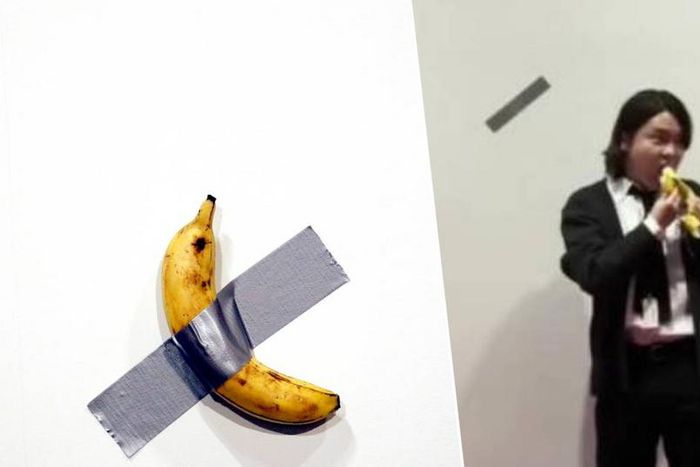 un étudiant mange une banane à 120000 dollars présentée comme une œuvre d'art