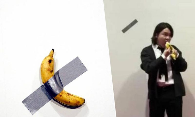 un étudiant mange une banane à 120000 dollars présentée comme une œuvre d'art