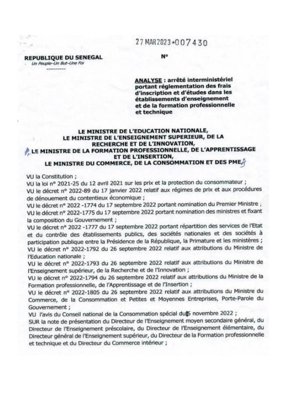 Arrêté fixant la baisse des frais de scolarité